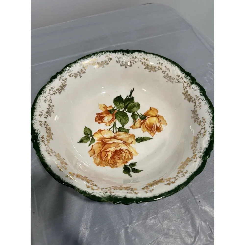 Vintage German Porcelain Serving Bowl Hand Painted Roses Green Gold Rim